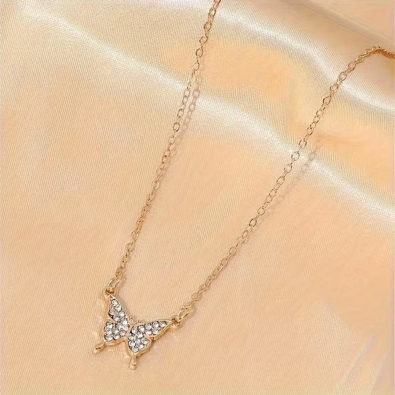 Elegant Rhinestone Butterfly Pendant Necklace Simple Thin Metal Chain Choker Necklace Women'S Trendy Party Neck Jewelry