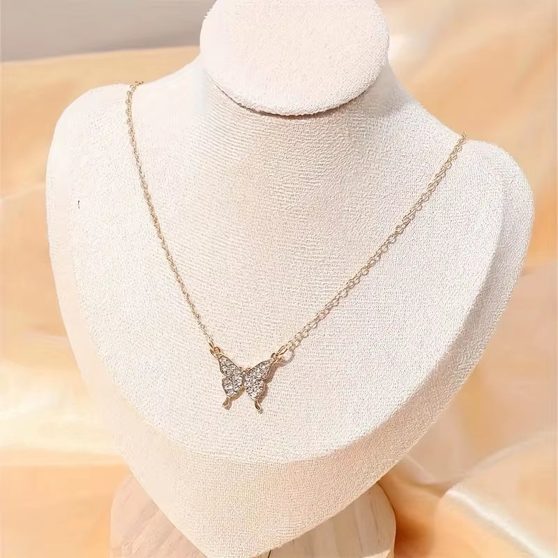 Elegant Rhinestone Butterfly Pendant Necklace Simple Thin Metal Chain Choker Necklace Women'S Trendy Party Neck Jewelry