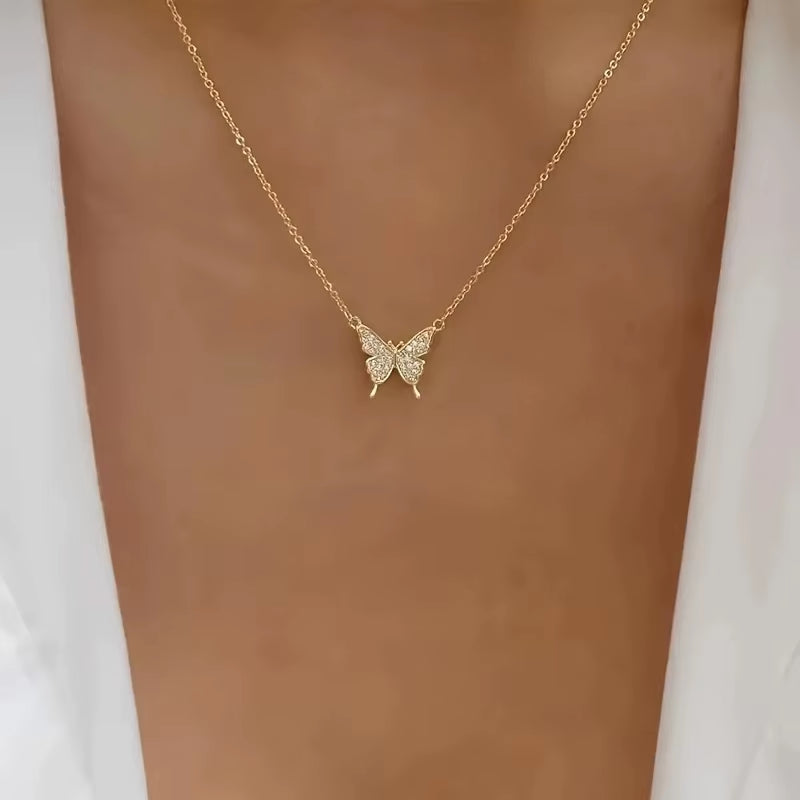 Elegant Rhinestone Butterfly Pendant Necklace Simple Thin Metal Chain Choker Necklace Women'S Trendy Party Neck Jewelry