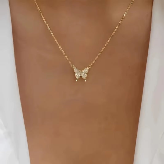 Elegant Rhinestone Butterfly Pendant Necklace Simple Thin Metal Chain Choker Necklace Women'S Trendy Party Neck Jewelry